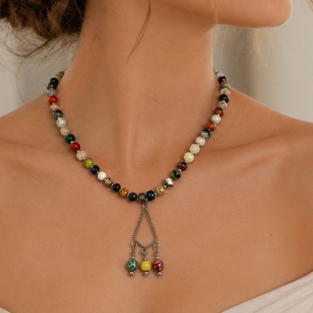 Artisan Mixed Gemstone Necklace Jasper Carnelian Aventurine Howlite Sodalite